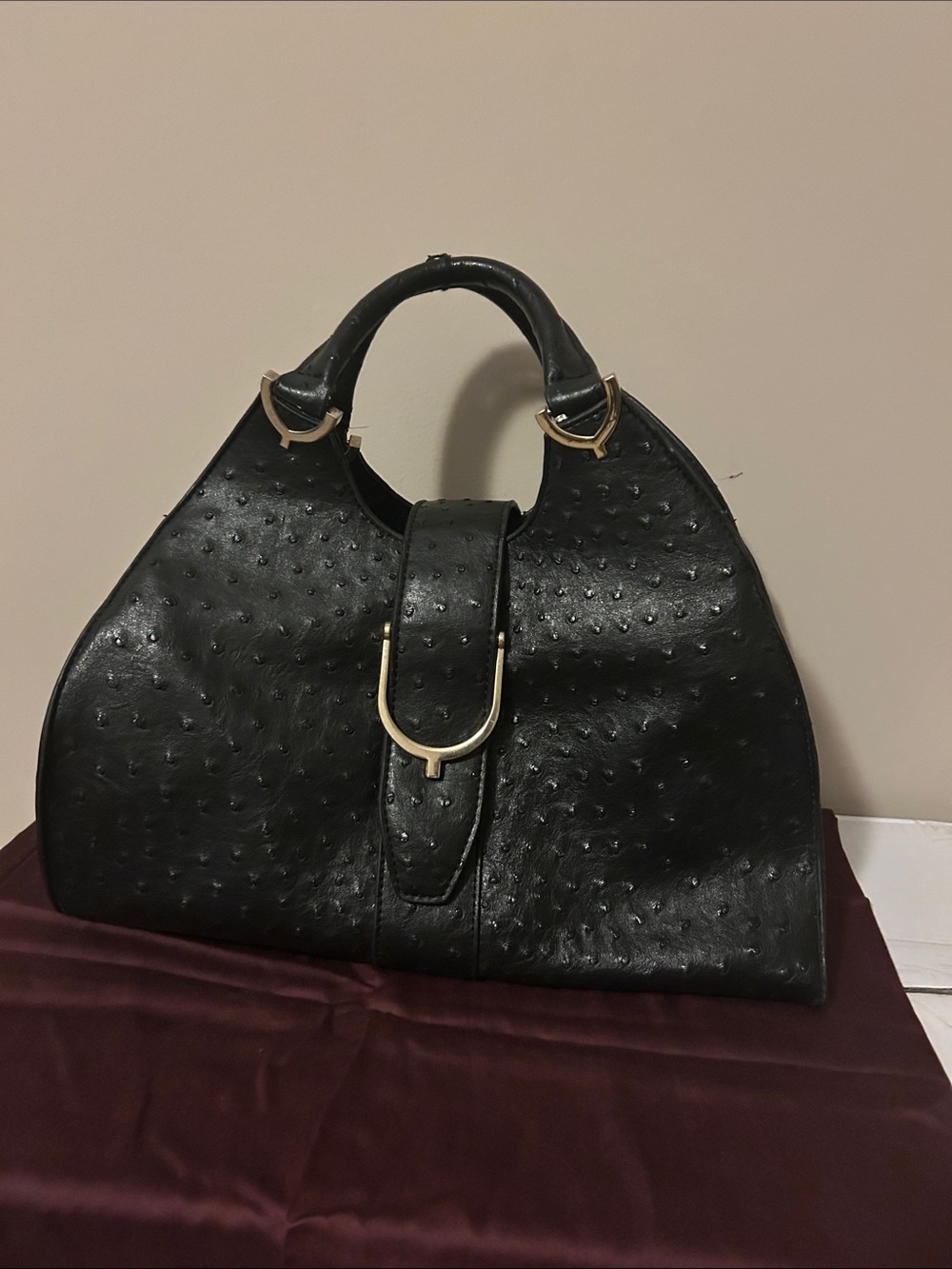 JustFab Black Ostrich-Textured Tote with Gold Hardware
